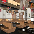 Japanese Restaurant Interior With Traditional Decor Red Lanterns Wooden Tables And Booth Seating