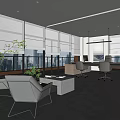 Modern Office Interior With Large Windows City View Open Layout Work Desk And Plants