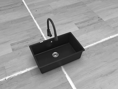 Black Kitchen Sink With Modern Faucet Placed On Wooden Floor Surface 3d model
