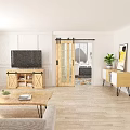 Modern Open Living Room Interior With Wooden Sliding Barn Doors Coffee Table And Sofa