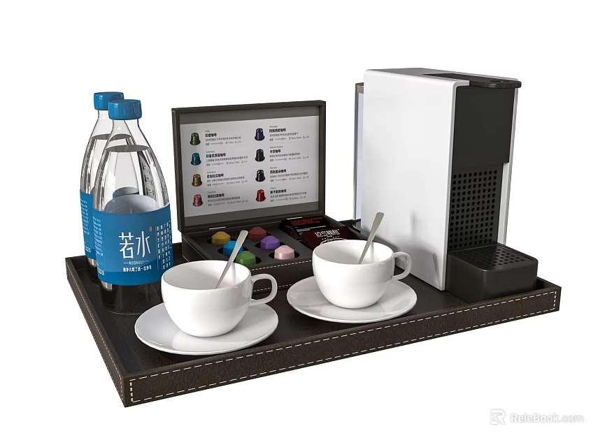 Kitchen Tray With Cups Bottled Water Capsule Coffee Machine 3d model 