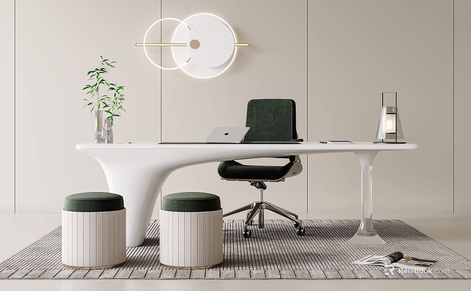 Modern White Desk Interior With Laptop Transparent Lamp Green Plant And Dark Green Chair 3d model 