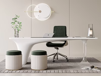 Modern White Desk Interior With Laptop Transparent Lamp Green Plant And Dark Green Chair 3d model