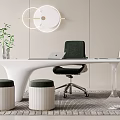 Modern White Desk Interior With Laptop Transparent Lamp Green Plant And Dark Green Chair