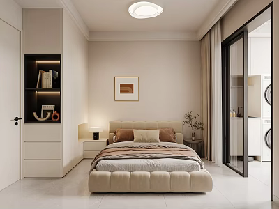 Modern Bedroom Interior Design with Cozy Beige Bed Bedside Table Lamp Wall Art and Cabinet 3d model