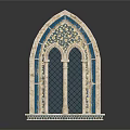 Arched Entrance Gate with Blue Decorations Intricate Patterns Columns and Glass Panels