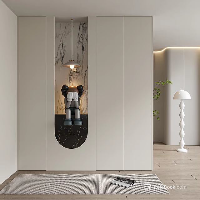 Modern Entryway With Marble Wall Pendant Light Kaws Decor And Green Plant Floor Lamp 3d model 