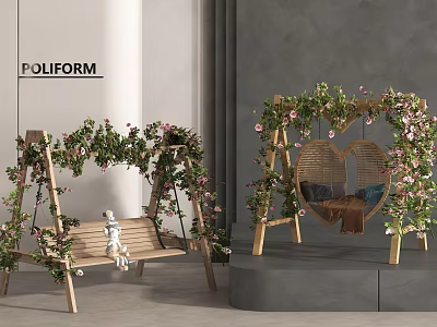 Outdoor swing chairs with wooden structure decorated with vines and pink flowers and heart-shaped design 3d model