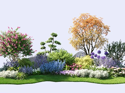 Flower Bed Planters With Colorful Blooms Trees Shrubs And Lush Green Lawn Design 3d model