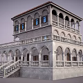 Ancient Architecture With Two Story Arched Doors Balconies Stone Railings And Staircase