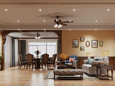 Elegant Living And Dining Room Interior With Decorative Ceiling Fan Yellow Walls And Wooden Flooring 3d model