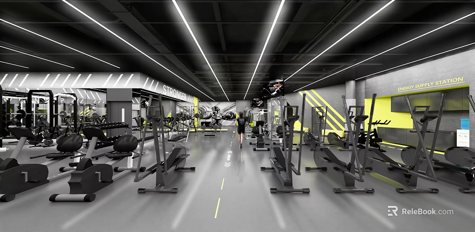 Modern Fitness Gym Interior With Various Workout Equipment And People Exercising 3d model 