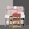 Pink Study Desk With Wooden Red Chair Lamp Clock Books And Bookshelf