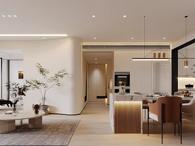 Modern Living Dining Room Interior With Sofa Coffee Table Dining Counter And Pendant Lights 3d model