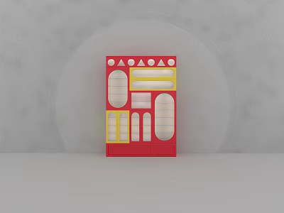 Red Storage Shelf Unit With Yellow Geometric Patterns And Various Sized Circular Rectangular Holes 3d model