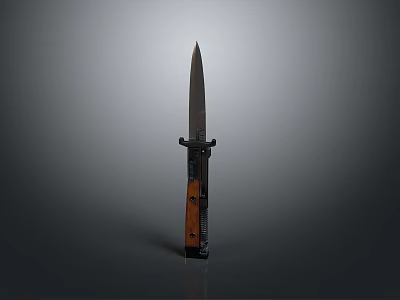 Long Slender Blade Knife With Wooden And Black Handle Standing Upright On Grey Background 3d model