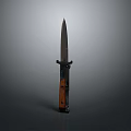 Long Slender Blade Knife With Wooden And Black Handle Standing Upright On Grey Background