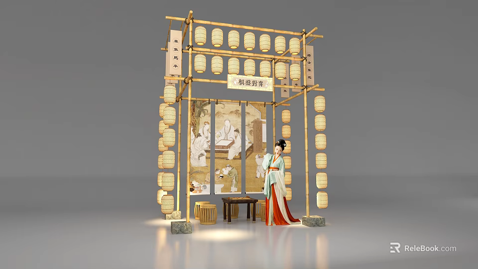 Traditional Qingming Elegant Gathering Scene With Bamboo Structure Lanterns And Lady In Costume 3d model 