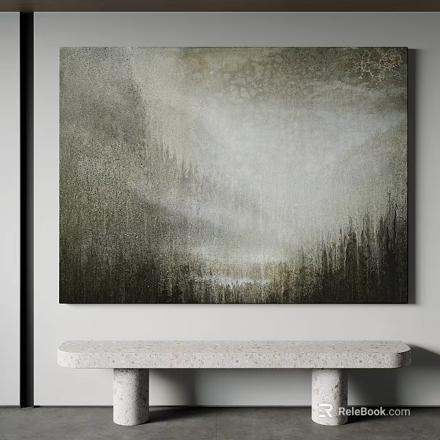 Abstract Green Gray Textured Wall Art With Stone Bench In Modern Interior 3d model 