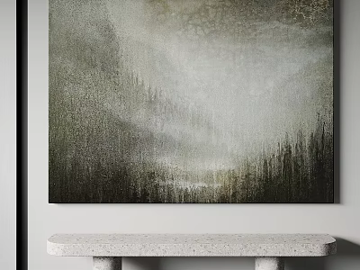 Abstract Green Gray Textured Wall Art With Stone Bench In Modern Interior 3d model