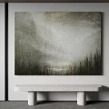 Abstract Green Gray Textured Wall Art With Stone Bench In Modern Interior