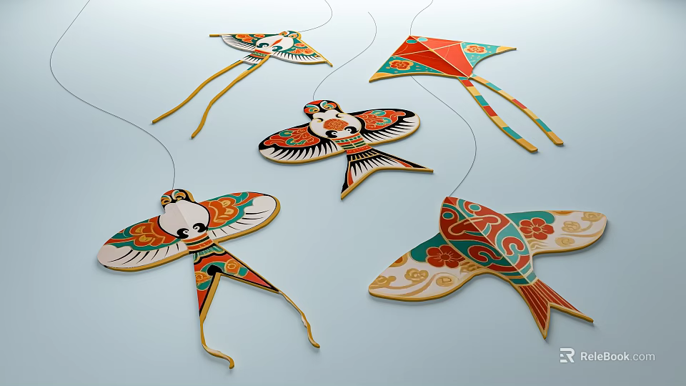 Traditional Kite Shaped Decorative Ornament Set With Vibrant Colors And Bird Butterfly Designs 3d model 
