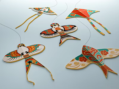 Traditional Kite Shaped Decorative Ornament Set With Vibrant Colors And Bird Butterfly Designs 3d model