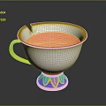 White Decorative Cup With Golden Handle Chipped Rim Pink Liquid And Colorful Base