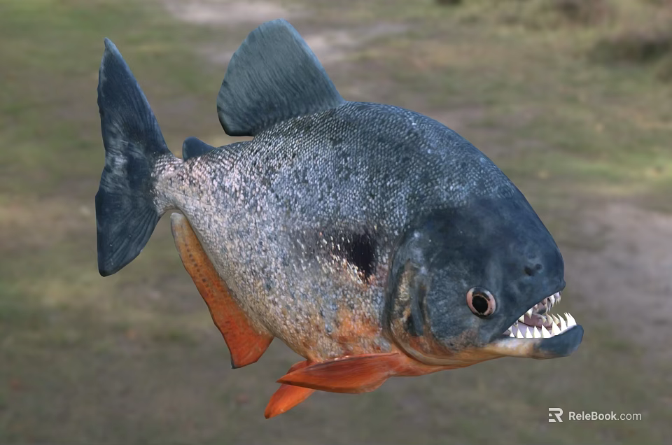 Piranha Aquatic Animal With Sharp Teeth Dark Blue Orange Body And Fierce Appearance 3d model 