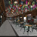 Traditional Chinese Commercial Street with Hanging Colorful Lanterns Store Signs and Wooden Tables Chairs
