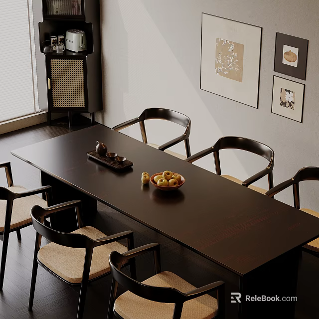 Dark Wooden Dining Table Set With Four Cushioned Chairs Fruit Bowl And Decorative Paintings 3d model 