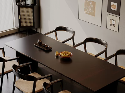 Dark Wooden Dining Table Set With Four Cushioned Chairs Fruit Bowl And Decorative Paintings 3d model