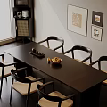 Dark Wooden Dining Table Set With Four Cushioned Chairs Fruit Bowl And Decorative Paintings