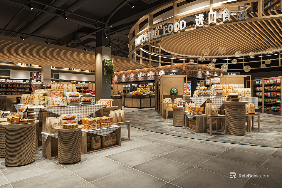 Supermarket Grocery Store Food Section With Fresh Bread Display Tables And Shelves Arrangement 3d model 