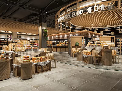 Supermarket Grocery Store Food Section With Fresh Bread Display Tables And Shelves Arrangement 3d model