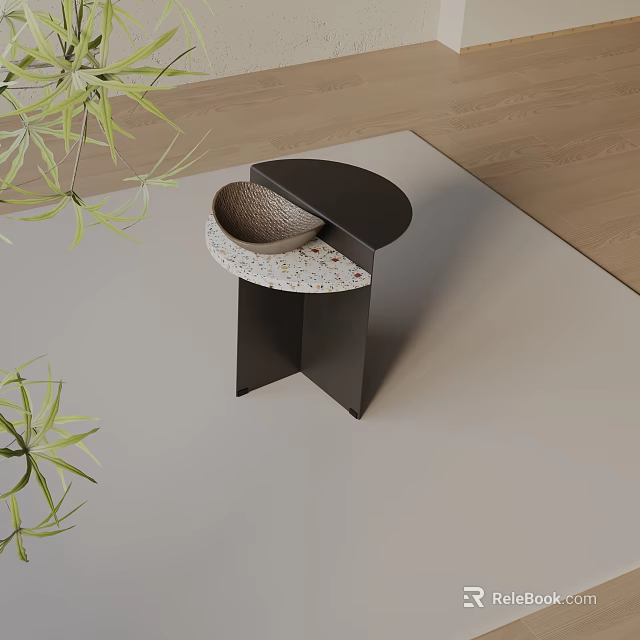 Modern Semicircular Side Table With Speckled Stone Top Metal Frame And Green Plants 3d model 