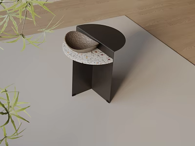Modern Semicircular Side Table With Speckled Stone Top Metal Frame And Green Plants 3d model