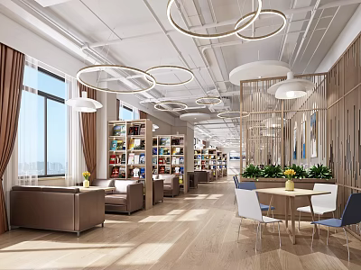 Modern Café Interior With Comfortable Sofas Bookshelves Green Plants And Pendant Lights 3d model