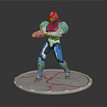 Armored Character Model Featuring Red Helmet Blue Armor Green Glowing Accents And Silver Circular Base