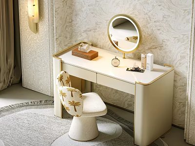 Elegant Cream Vanity With Gold Trim Round Mirror And Palm Leaf Chair On Textured Wall 3d model