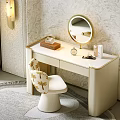 Elegant Cream Vanity With Gold Trim Round Mirror And Palm Leaf Chair On Textured Wall