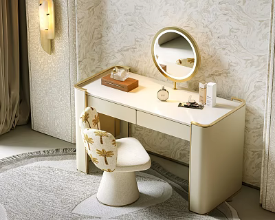 Elegant Cream Vanity With Gold Trim Round Mirror And Palm Leaf Chair On Textured Wall 3d model