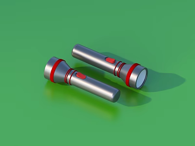 Two Silver Metallic Household Flashlights With Red Accents On Green Background 3d model