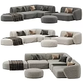 Modern Gray Fabric Sofa Set With Modular Design Decorative Pillows Plaid Blankets And Round Ottomans