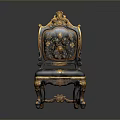 Ornate Classical Single Chair with Black Gold Upholstery Carved Legs and Floral Patterns