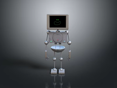 Humanoid Robot Character Featuring Screen Head With Green Smiley Silver Metallic Body And Circular Joints 3d model