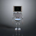 Humanoid Robot Character Featuring Screen Head With Green Smiley Silver Metallic Body And Circular Joints