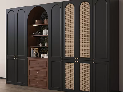 Black Wardrobe Featuring Rattan Panel Doors Open Storage Shelf With Decorative Plants And Wooden Drawers 3d model