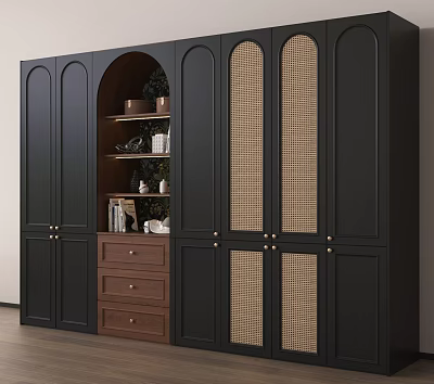 Black Wardrobe Featuring Rattan Panel Doors Open Storage Shelf With Decorative Plants And Wooden Drawers 3d model