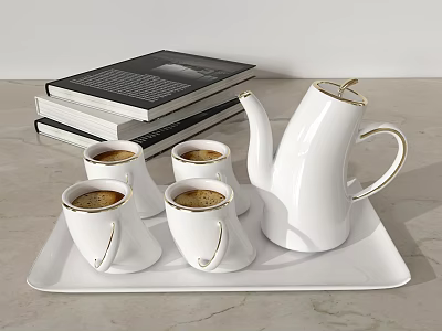 White Tea Set With Gold Trim On Tray Alongside Stacked Books 3d model
